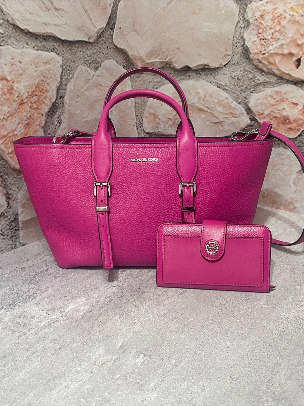 Michael Kors Moore Med Pebble Leather Satchel & Matching Wallet Wildberry Pink